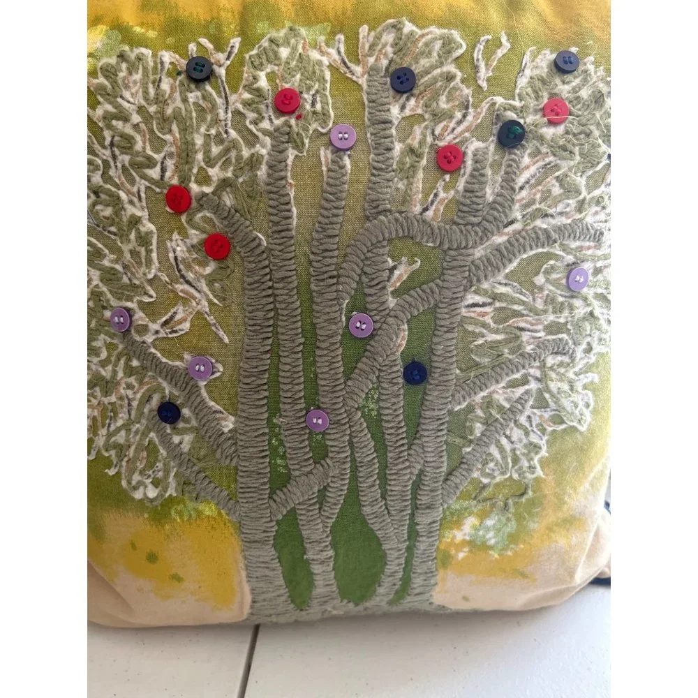 Mod Lifestyles Handcrafted Throw Pillow Embroidered Tree Design & Button Accents